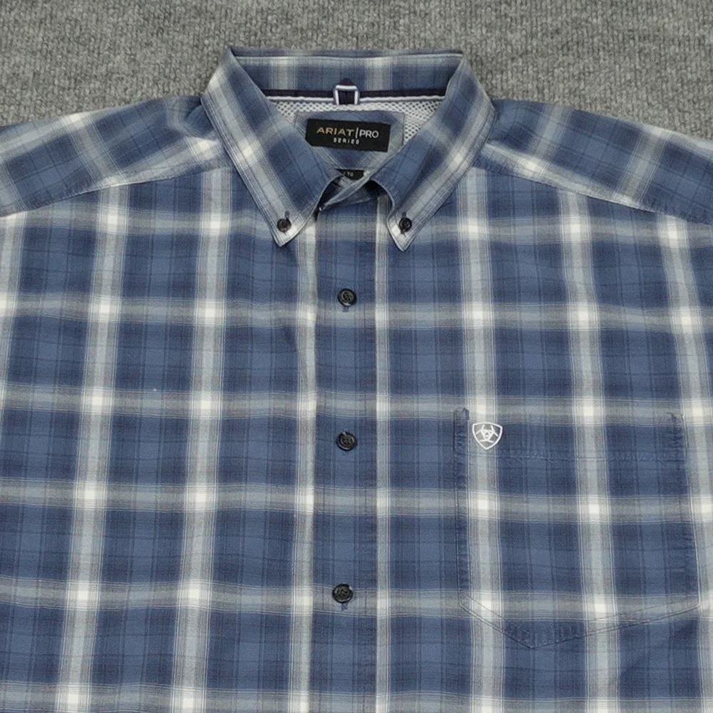 Ariat Shirt Mens XL Blue Plaid Pro Series Short Sleeve Button Down Western